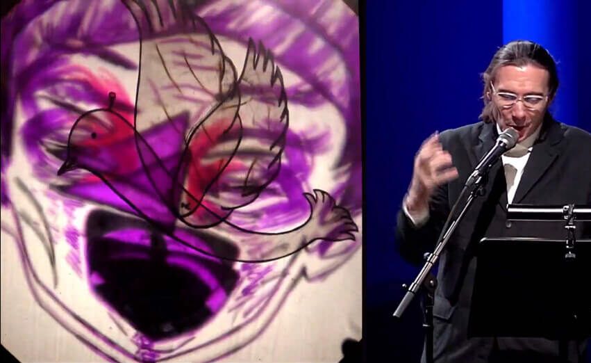 Foto di scena dello spettacolo L'amore delle tre melarance, tratto da Carlo Gozzi, regia e voce recitante di Paolo Valerio.