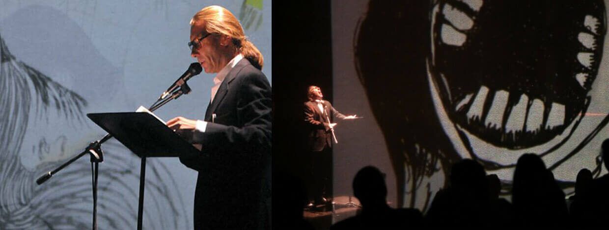 Foto di scena dello spettacolo Poema a fumetti, tratto da Dino Buzzati, regia di Paolo Valerio, interpretato da Paolo Valerio